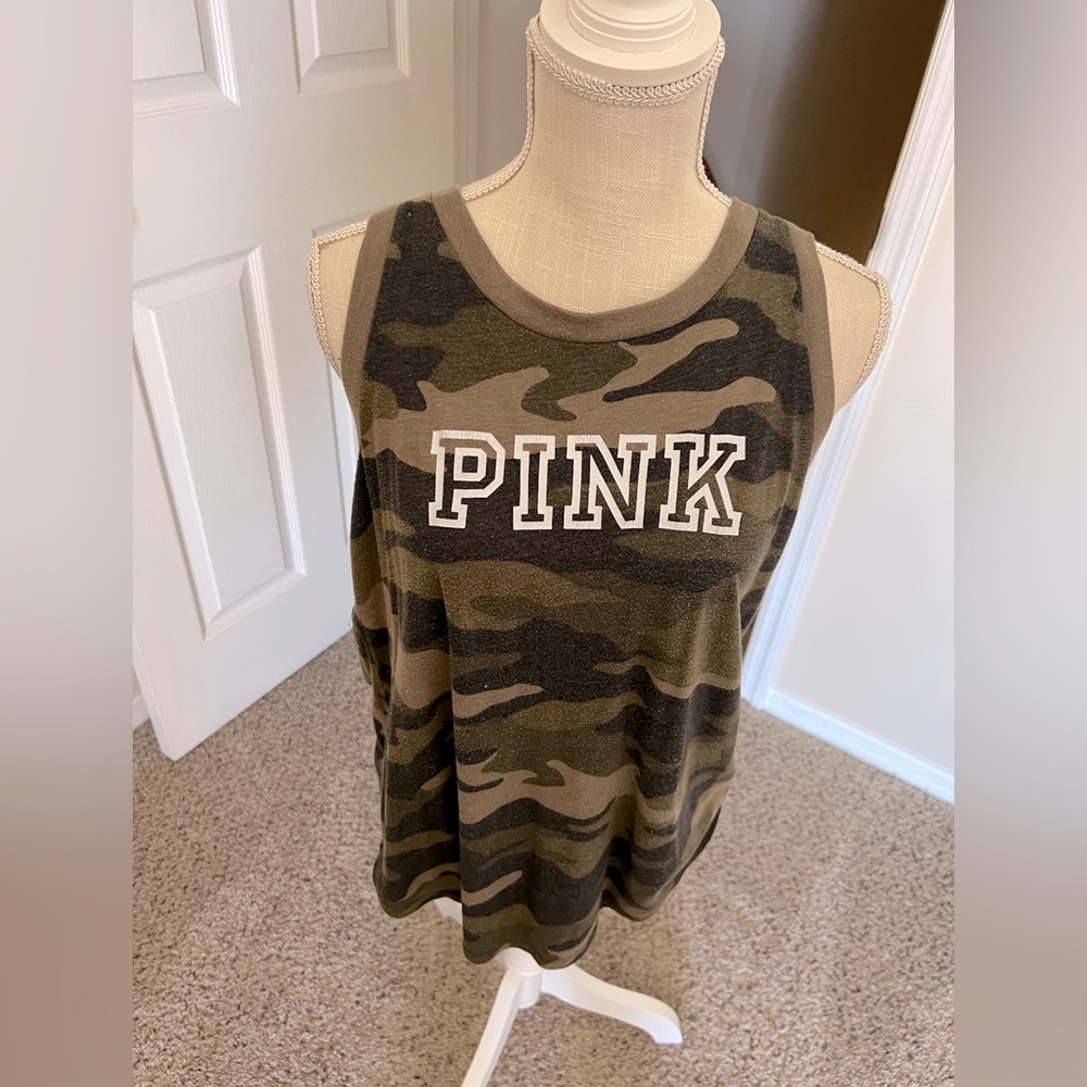 PINK Camo tank top with open back. Great 4 the gym. White PINK lettering size L